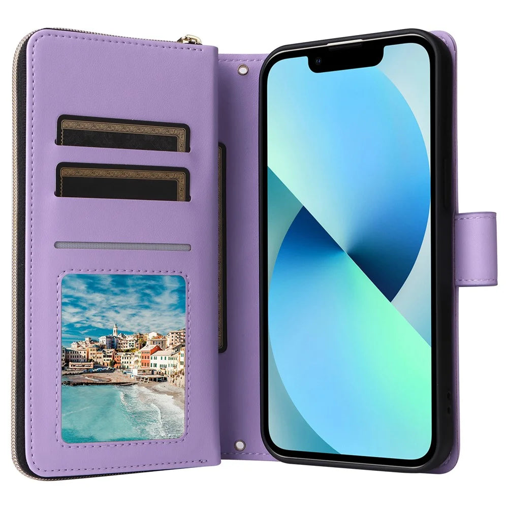 For iPhone 13 mini Case Leather Zipper Pouch Wallet Crossbody Phone Cover - Purple - 2