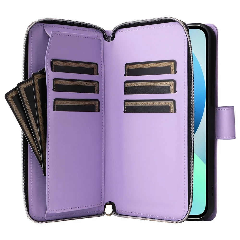 For iPhone 13 mini Case Leather Zipper Pouch Wallet Crossbody Phone Cover - Purple - 3
