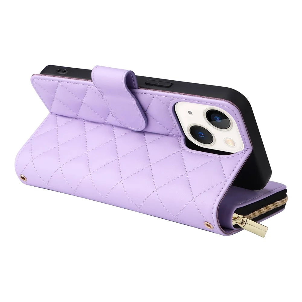For iPhone 13 mini Case Leather Zipper Pouch Wallet Crossbody Phone Cover - Purple - 5