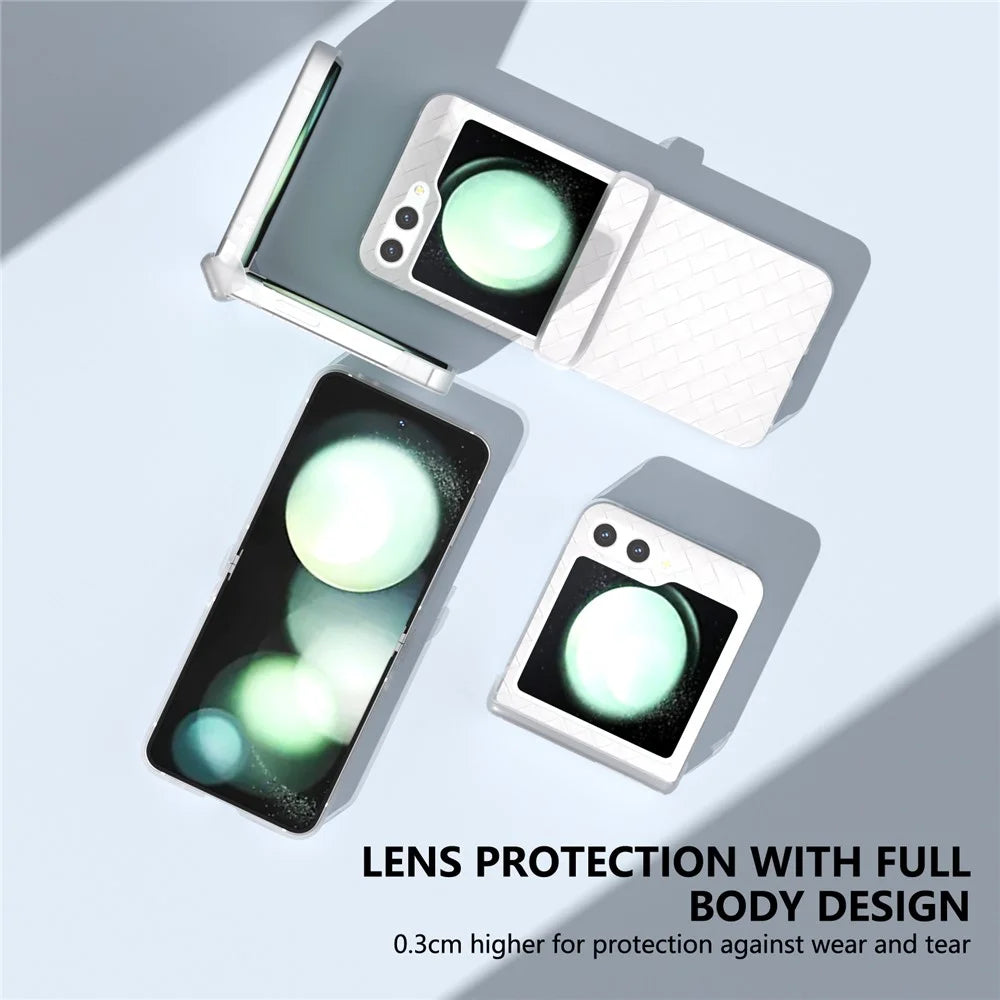 For Samsung Galaxy Z Flip7 FE 5G / Z Flip6 5G Case Woven Texture Hinge Protection Leather+PC Folding Phone Cover - White - 3