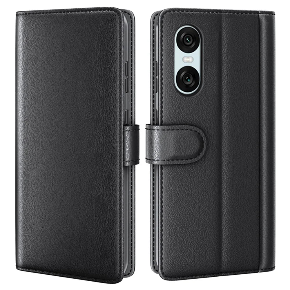 For Sony Xperia 10 VI Case Genuine Split Leather Phone Cover with Wallet Stand - Black - 1