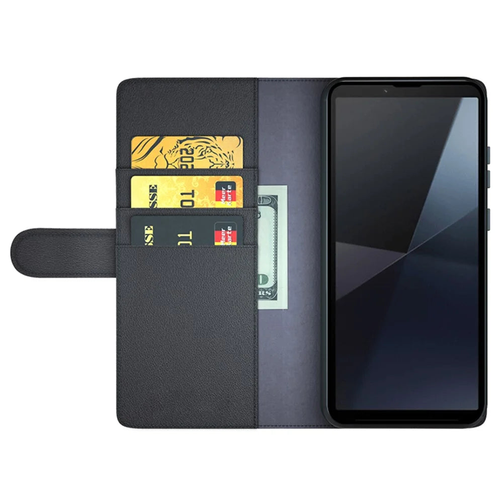 For Sony Xperia 10 VI Case Genuine Split Leather Phone Cover with Wallet Stand - Black - 2