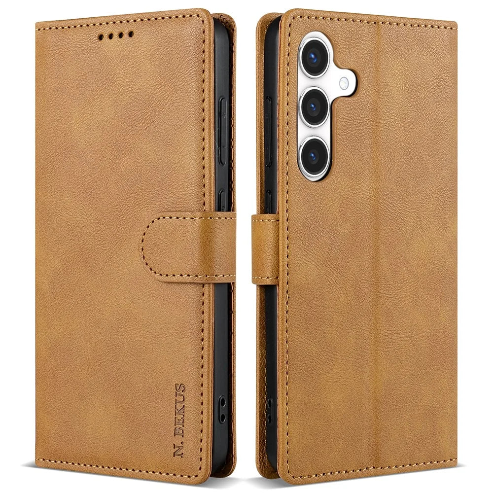 N.BEKUS CSJ-001 For Samsung Galaxy S24+ Case PU Leather Card Holder Stand Phone Cover - Brown - 1