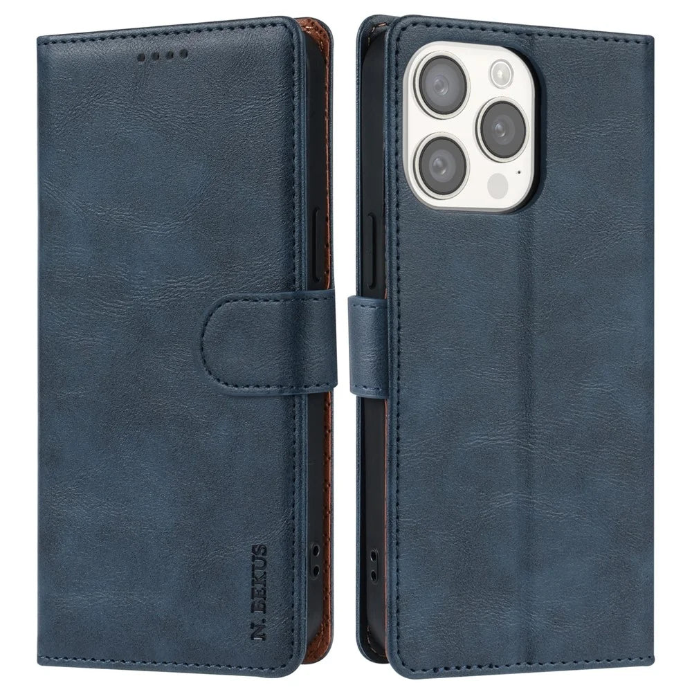 N.BEKUS CSJ-001 For iPhone 13 Pro Wallet Case Solid Color Leather Phone Cover - Blue - 1