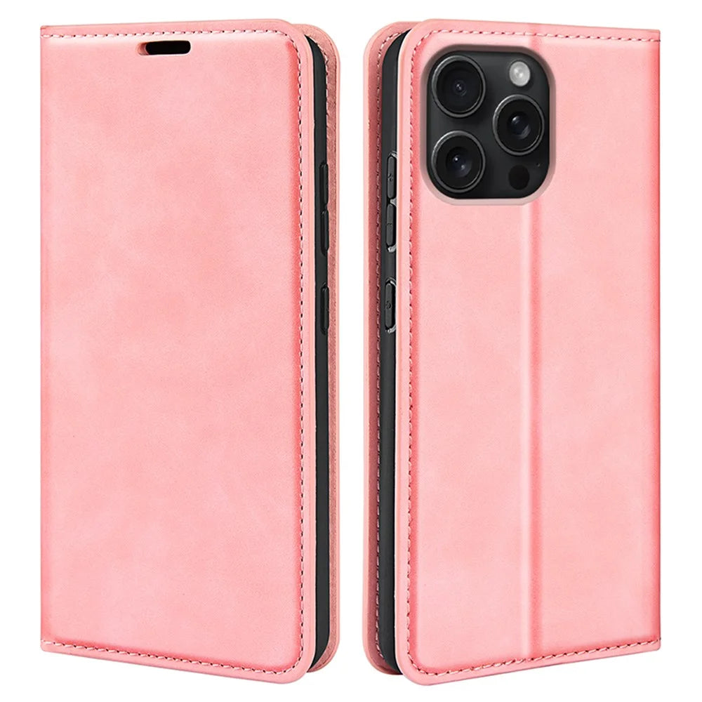 For iPhone 16 Pro Case PU Leather Wallet Folio Flip Phone Cover - Pink - 1