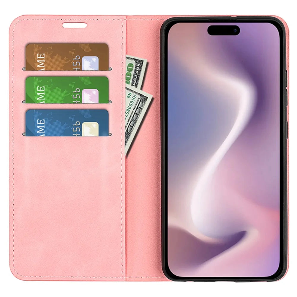 For iPhone 16 Pro Case PU Leather Wallet Folio Flip Phone Cover - Pink - 2