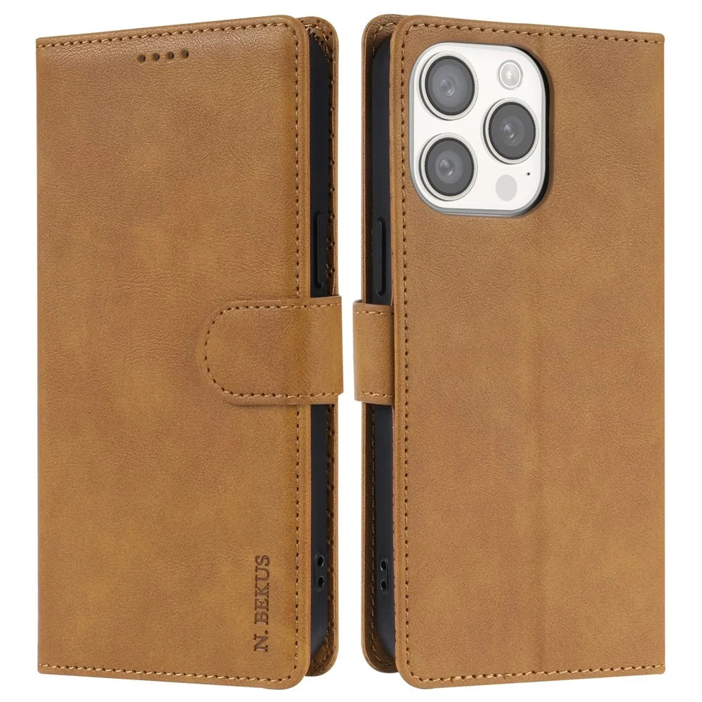 N.BEKUS CSJ-001 For iPhone 15 Pro Case Solid Color PU Leather Folio Phone Cover with Wallet - Brown - 1