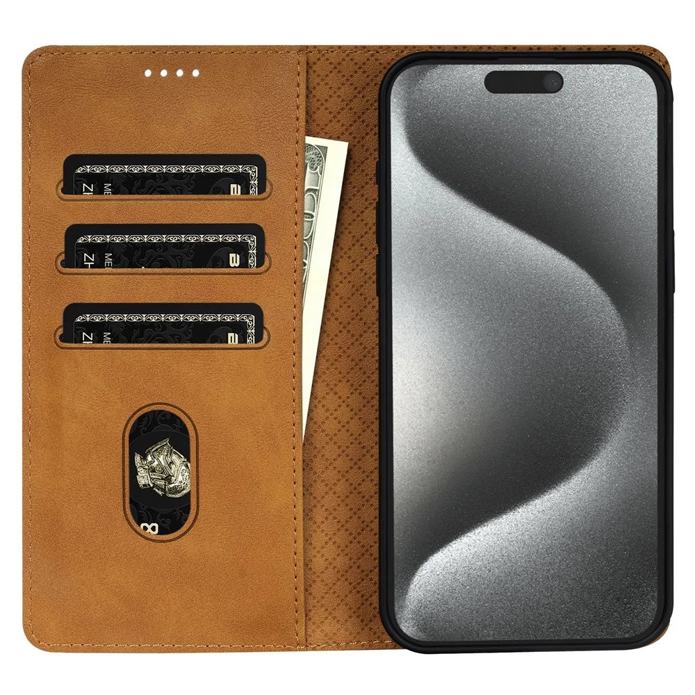N.BEKUS CSJ-001 For iPhone 15 Pro Case Solid Color PU Leather Folio Phone Cover with Wallet - Brown - 2