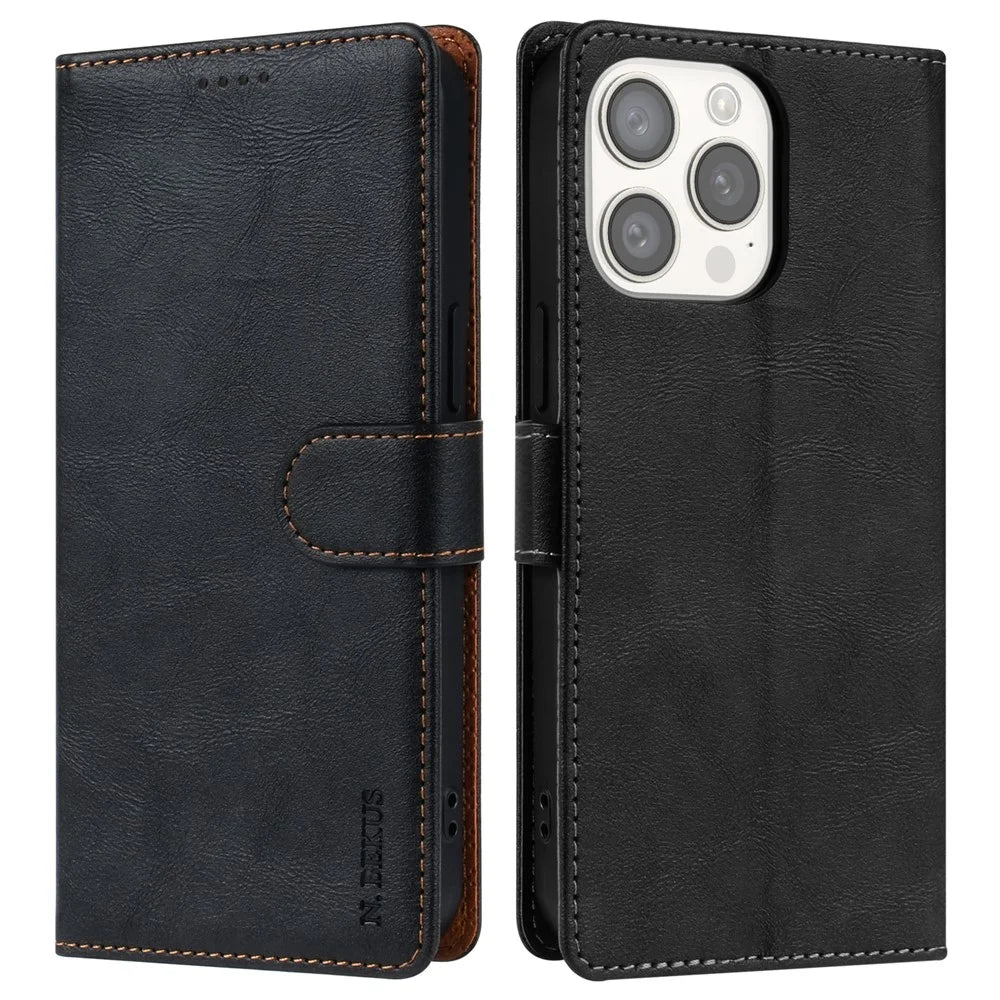 N.BEKUS CSJ-001 For iPhone 15 Pro Max Case PU Leather Wallet Flip Folio Phone Cover - Black - 1
