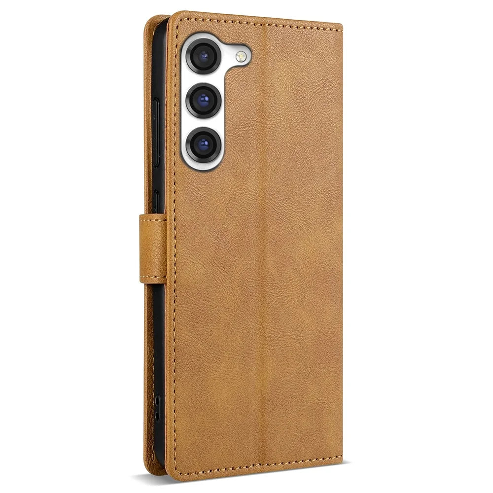 N.BEKUS CSJ-001 For Samsung Galaxy S23 Case Solid Color Leather Stand View Cover - Brown - 6