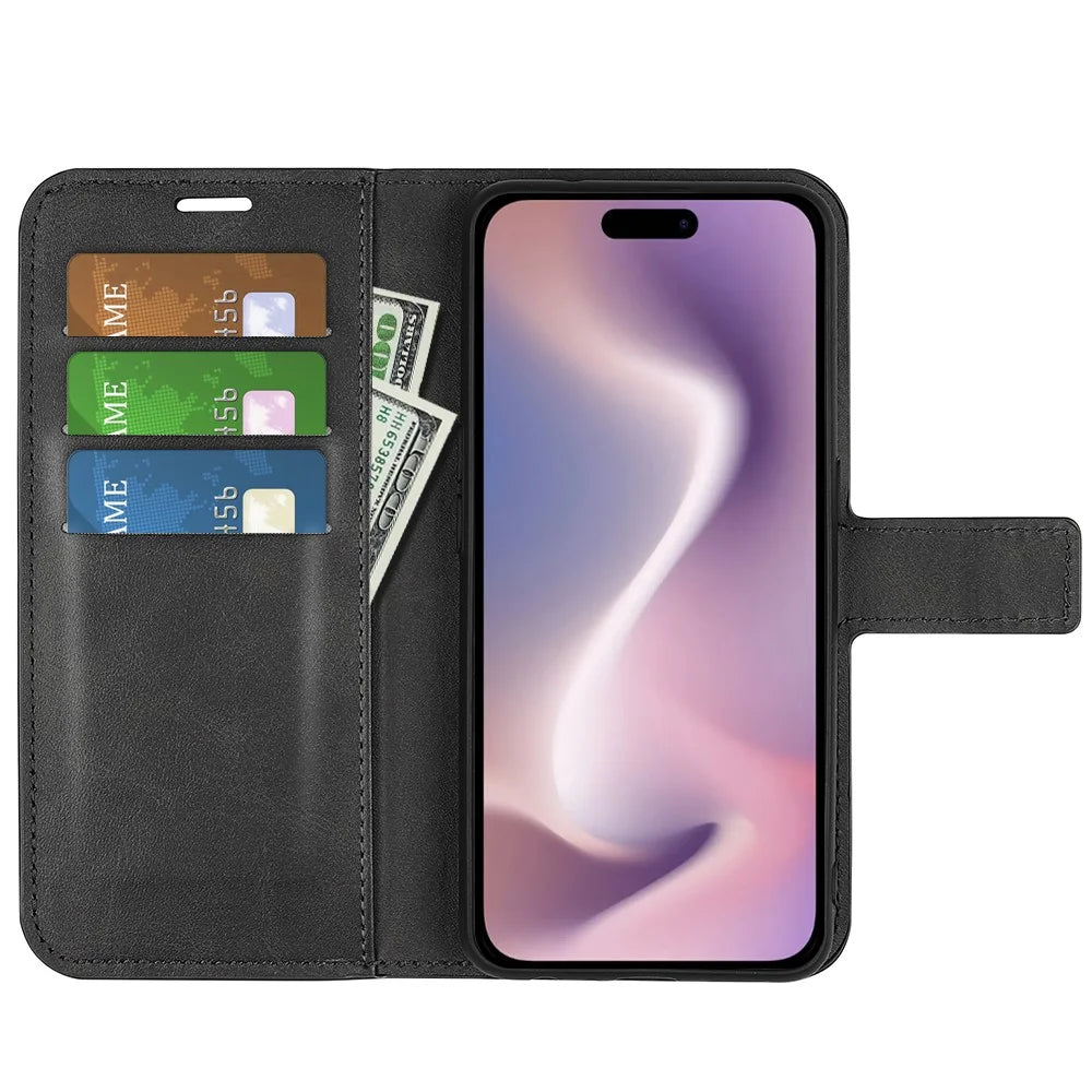 For iPhone 16 Plus Case Calf Texture PU Leather Phone Cover with Card Holder Stand - Black - 2