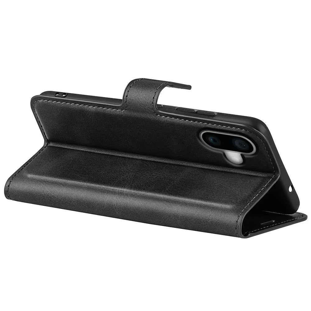 For iPhone 16 Plus Case Calf Texture PU Leather Phone Cover with Card Holder Stand - Black - 4