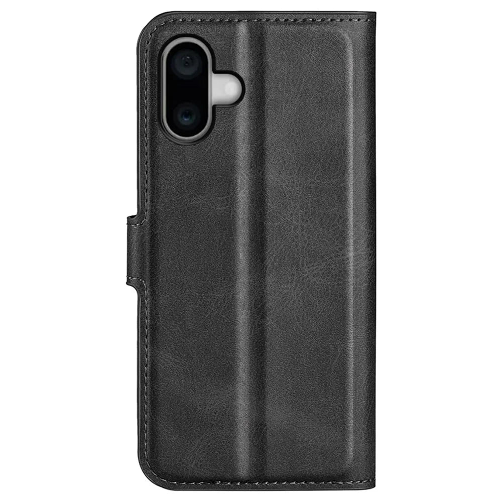 For iPhone 16 Plus Case Calf Texture PU Leather Phone Cover with Card Holder Stand - Black - 7