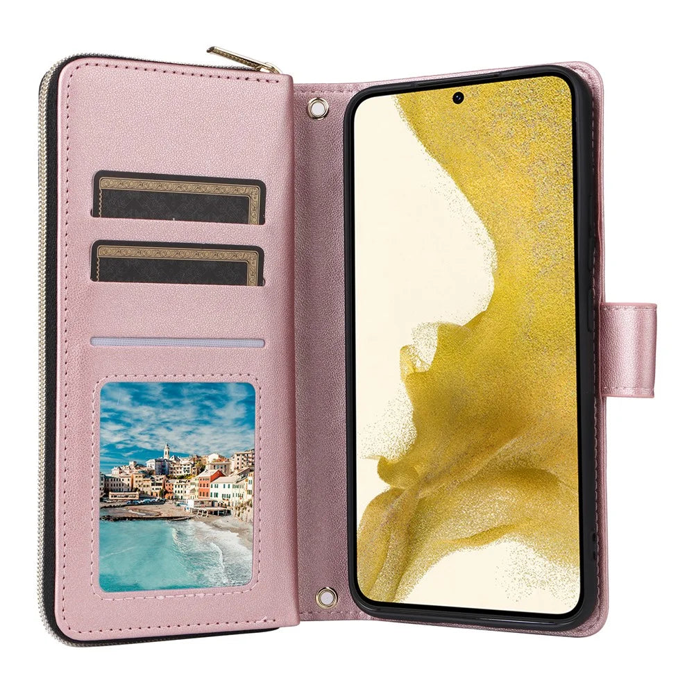 For Samsung Galaxy S22+ 5G Case Rhombus Zipper Pocket Leather Phone Cover with Straps - Rose Gold - 2