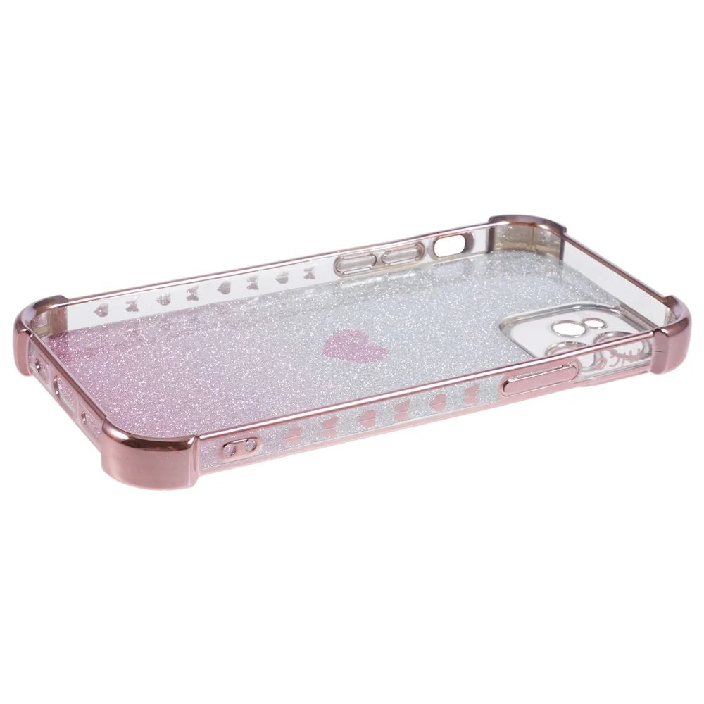 For iPhone 12 Case Heart Pattern TPU Glitter Phone Cover Four Corners Air Cushion - Pink - 6