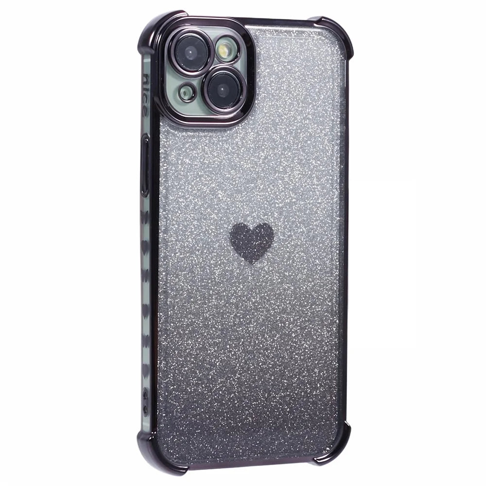 For iPhone 15 Plus Case Heart Pattern Glitter Anti-Drop TPU Phone Cover - Black - 1
