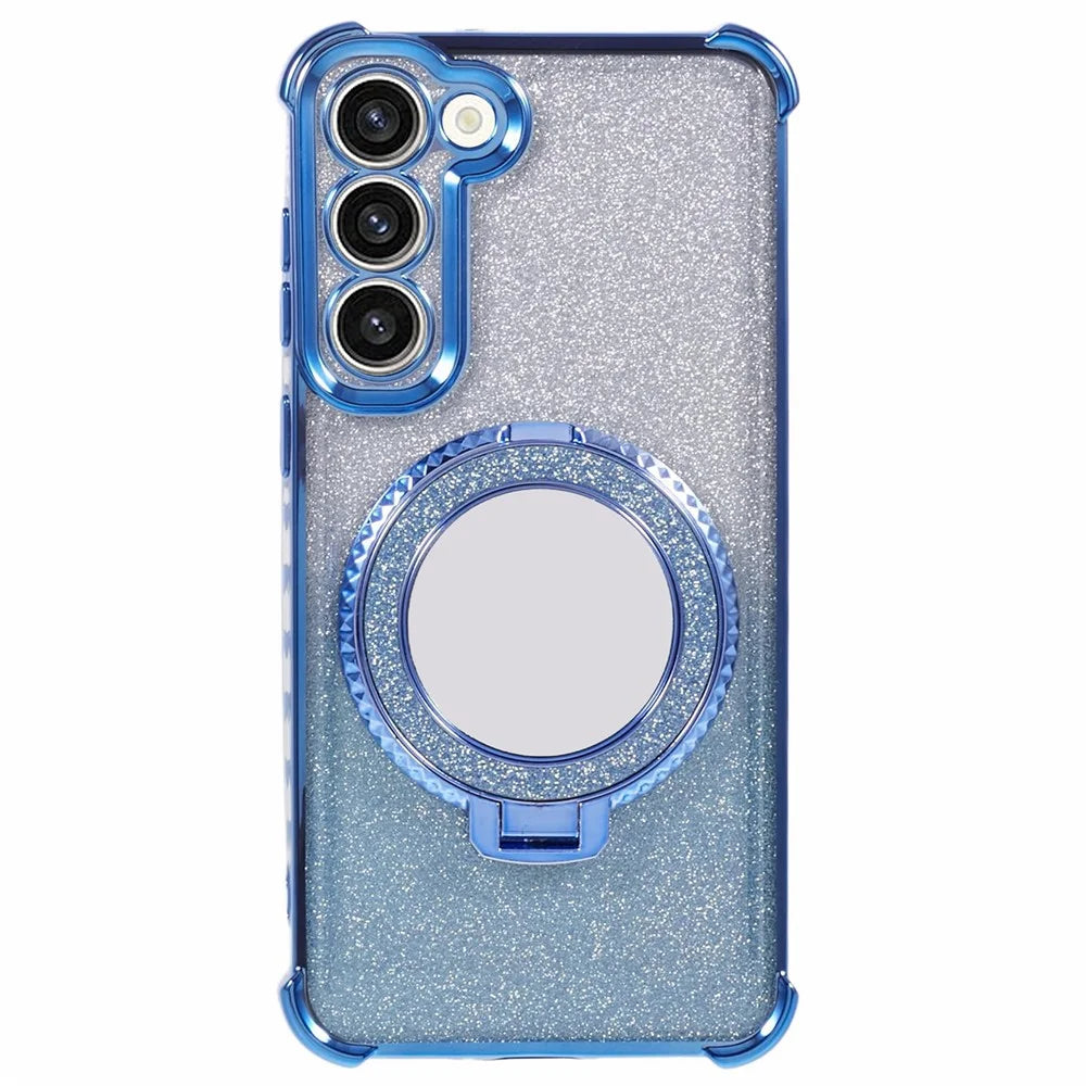 For Samsung Galaxy S23+ Case Glitter Gradient TPU Phone Cover Ring Holder Mirror - Blue - 1