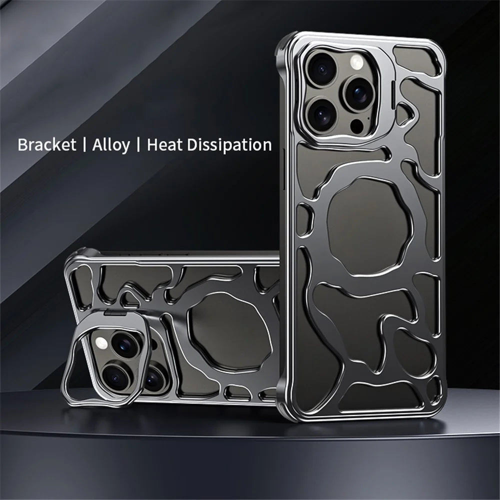 Auspicious Cloud Series For iPhone 15 Pro Magnetic Case Kickstand Aluminum Alloy Phone Cover Heat Dissipation - Grey - 2