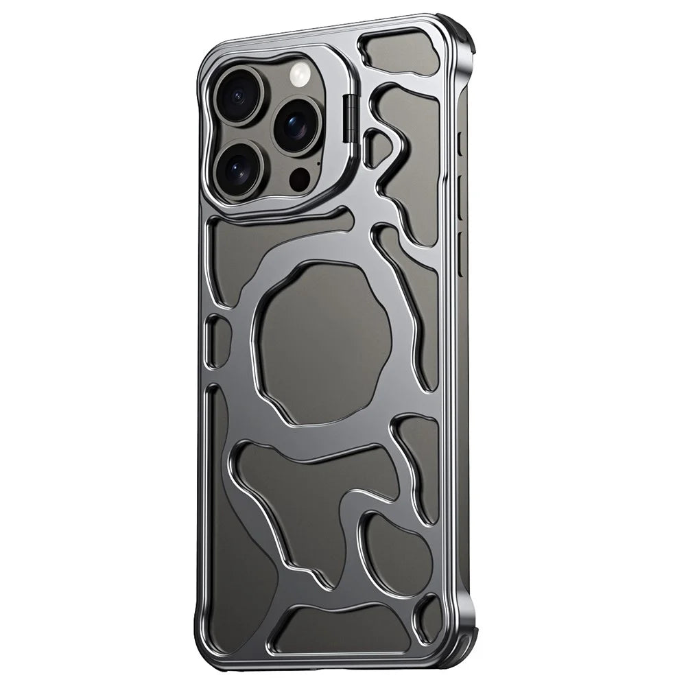 Auspicious Cloud Series For iPhone 14 Pro Magnetic Case Aluminum Alloy Hollow Phone Cover Lens Kickstand - Grey - 1