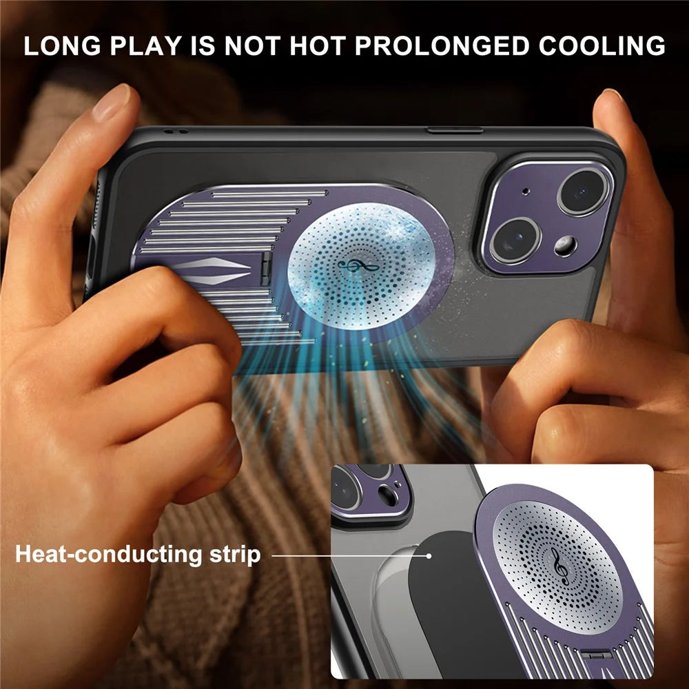 For iPhone 13 Graphene Heat Dissipation Case Silicone+PC Kickstand Phone Cover - Gold - 2