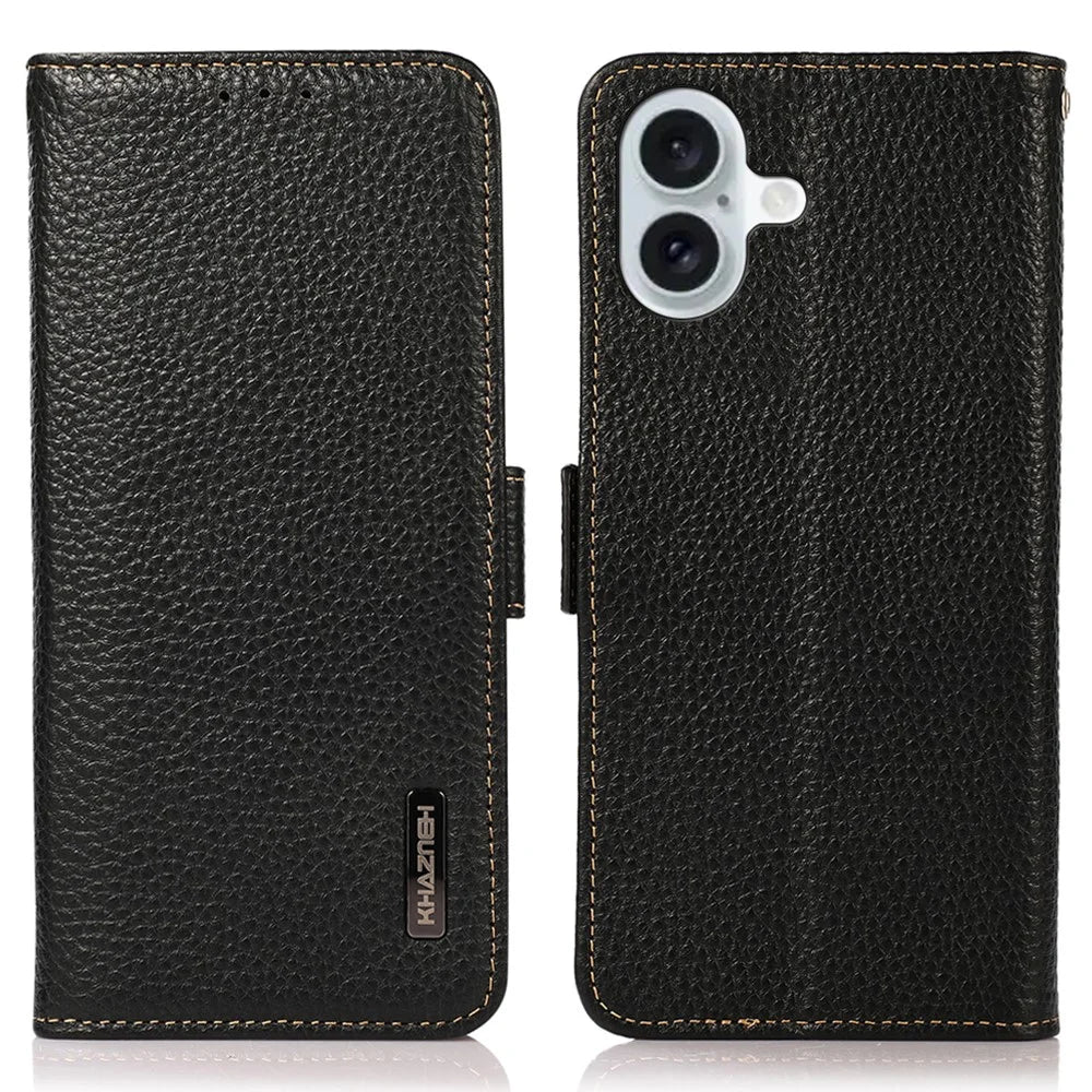 KHAZNEH For iPhone 16 Case Genuine Cow Leather Phone Cover RFID Blocking Wallet - Black - 1