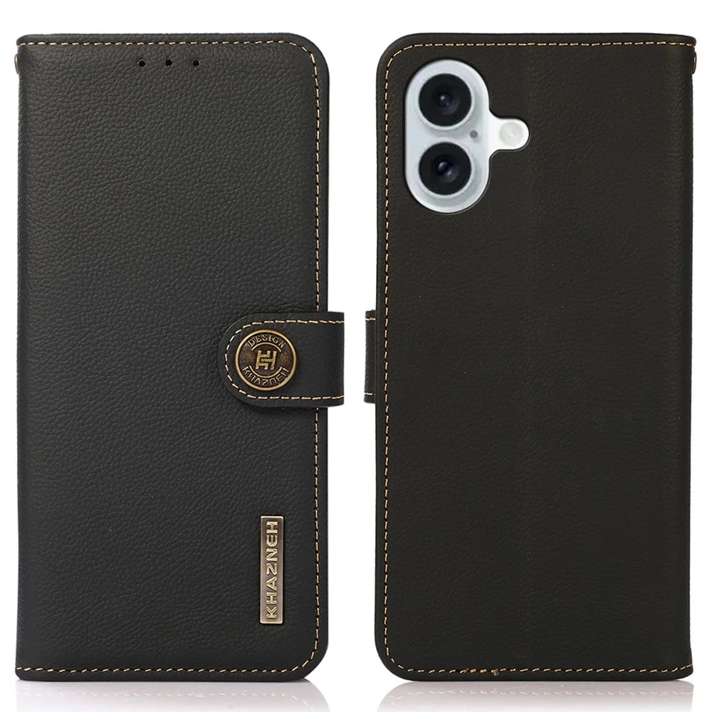 KHAZNEH For iPhone 16 Plus Case Stand Wallet RFID Blocking Genuine Cow Leather Phone Cover - Black - 1