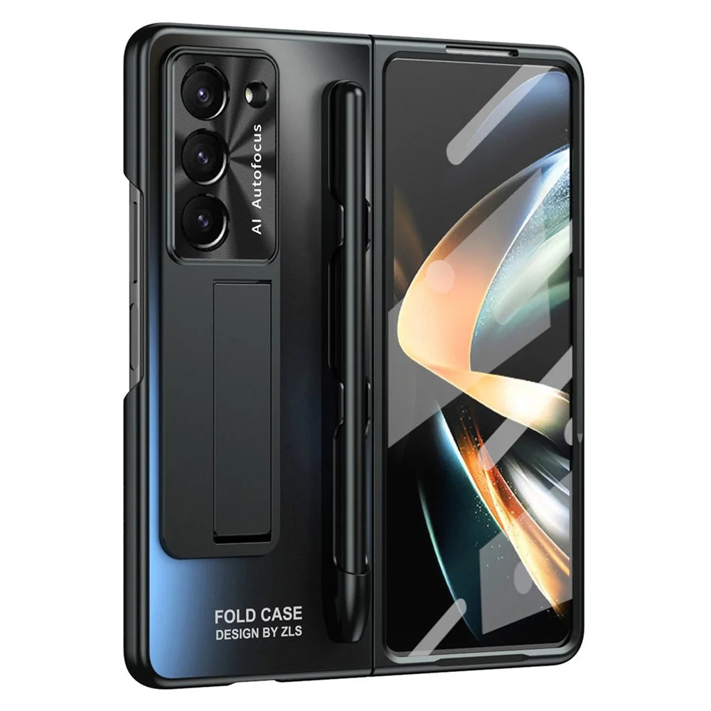 For Samsung Galaxy Z Fold6 5G AG Case Kickstand Matte PC Phone Cover with Tempered Glass Film / Stylus Pen - Black - 2