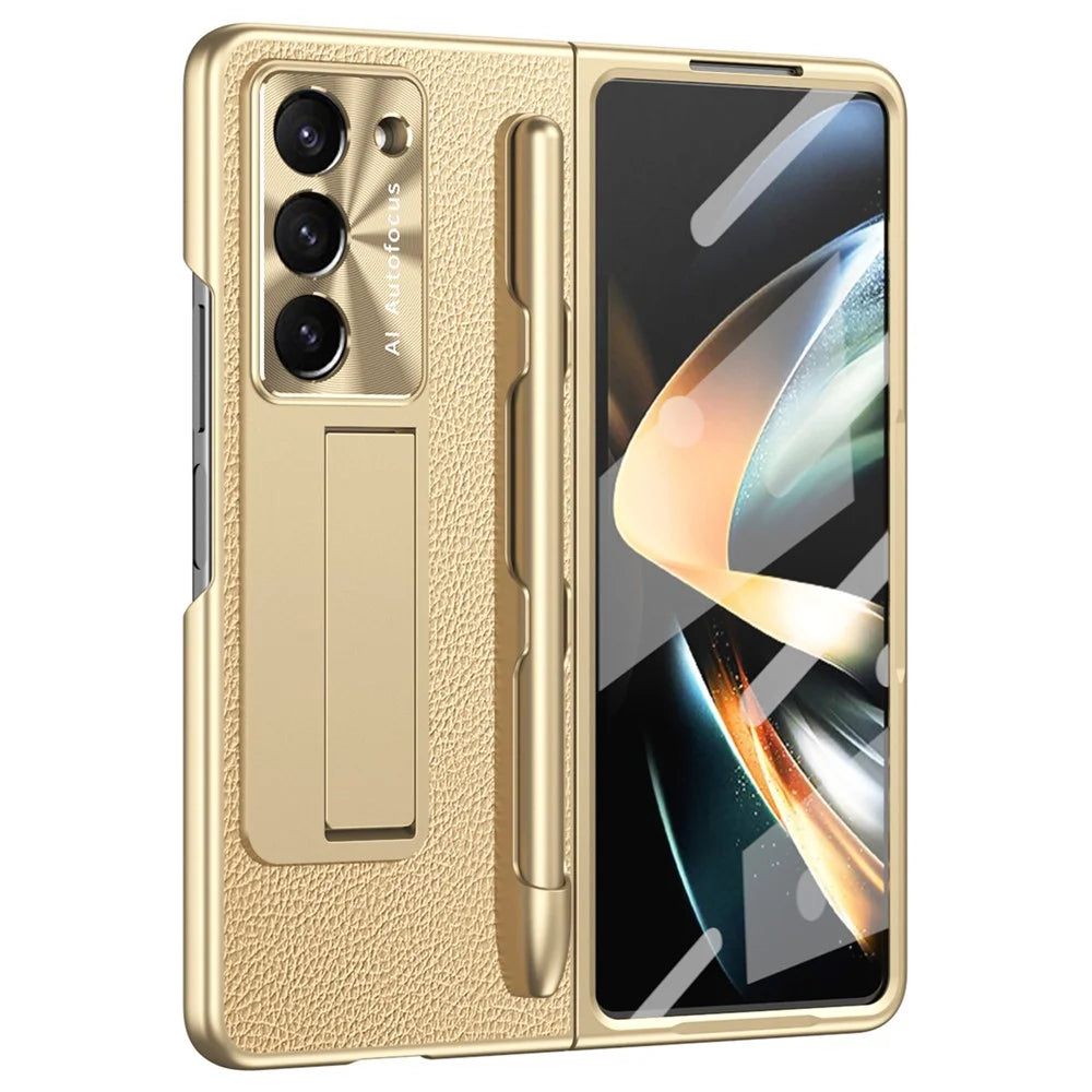 For Samsung Galaxy Z Fold6 5G Case Kickstand Leather+PC Hard Phone Cover with Screen Film and Stylus - Champagne Gold - 2