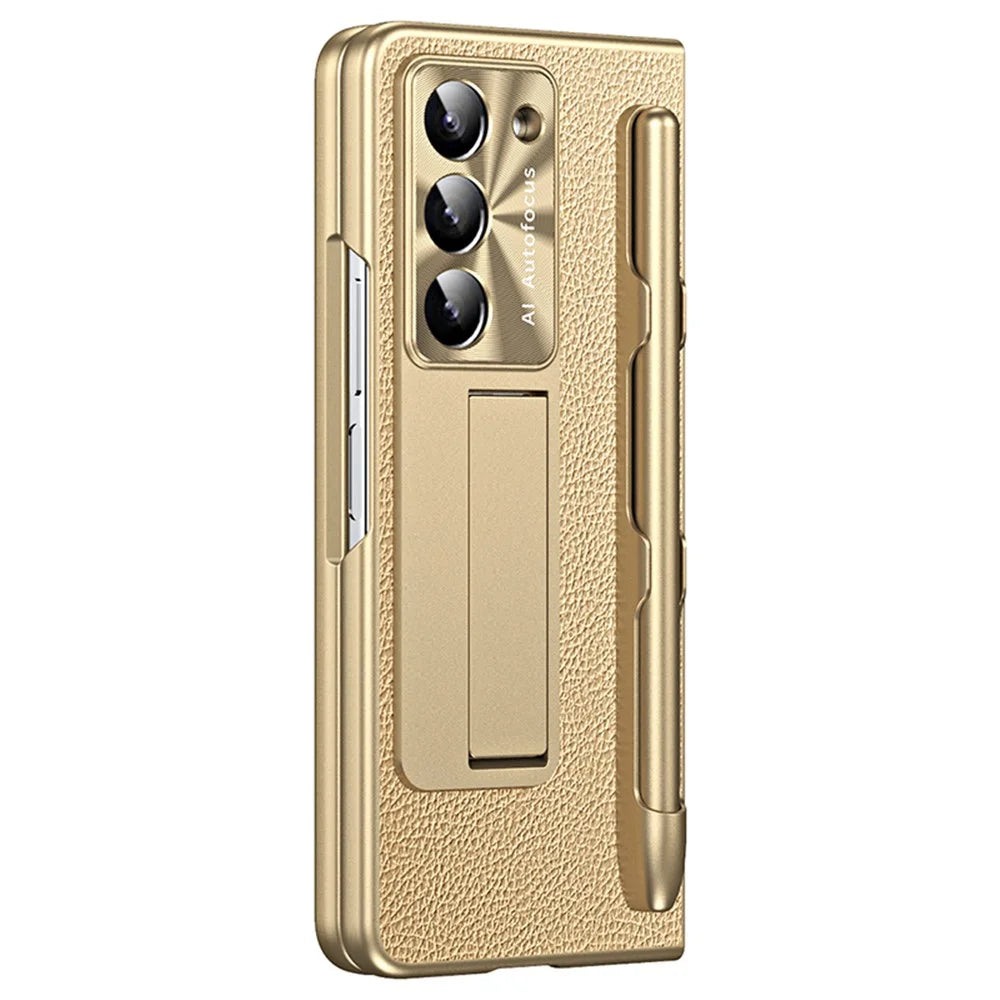 For Samsung Galaxy Z Fold6 5G Case Kickstand Leather+PC Hard Phone Cover with Screen Film and Stylus - Champagne Gold - 3