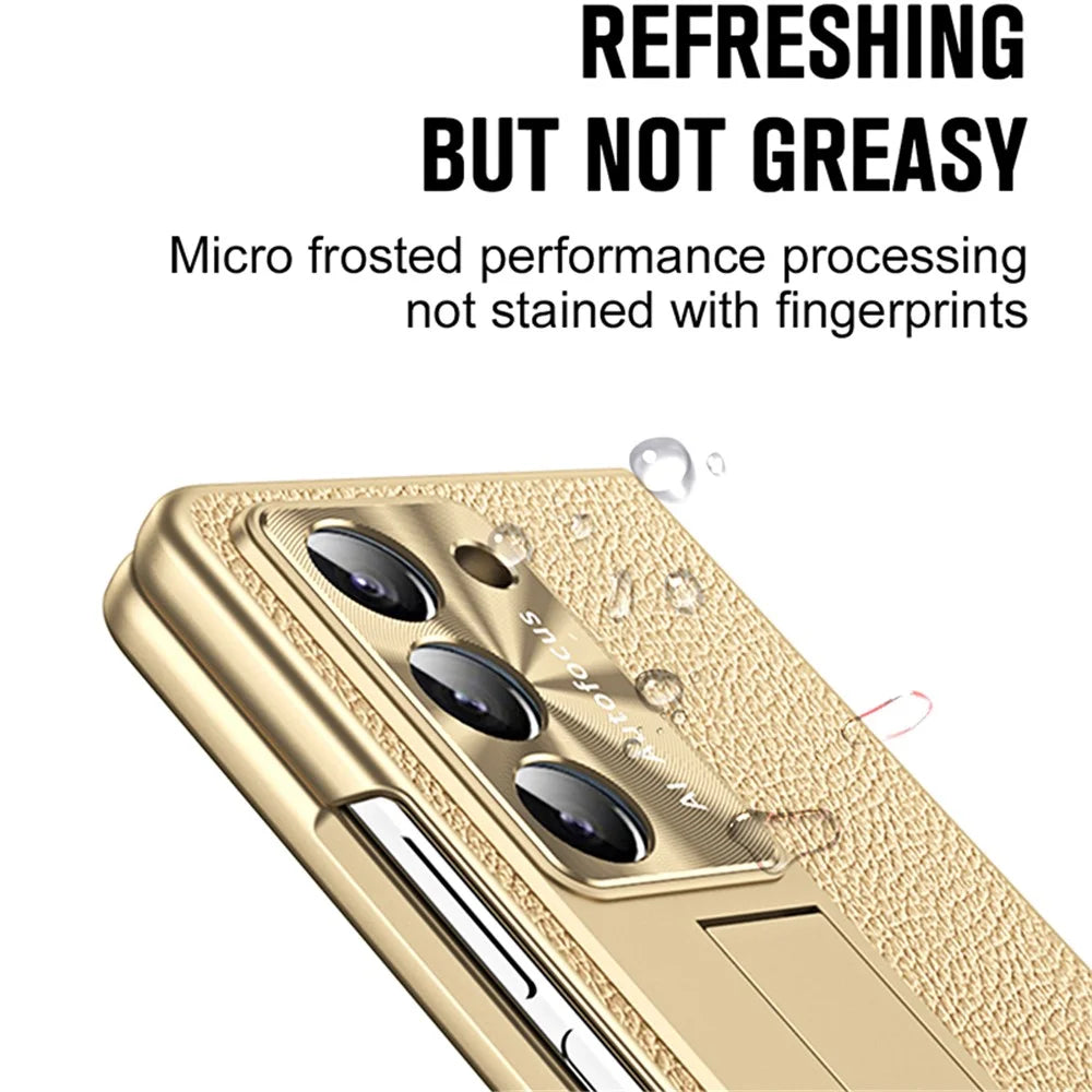 For Samsung Galaxy Z Fold6 5G Case Kickstand Leather+PC Hard Phone Cover with Screen Film and Stylus - Champagne Gold - 5