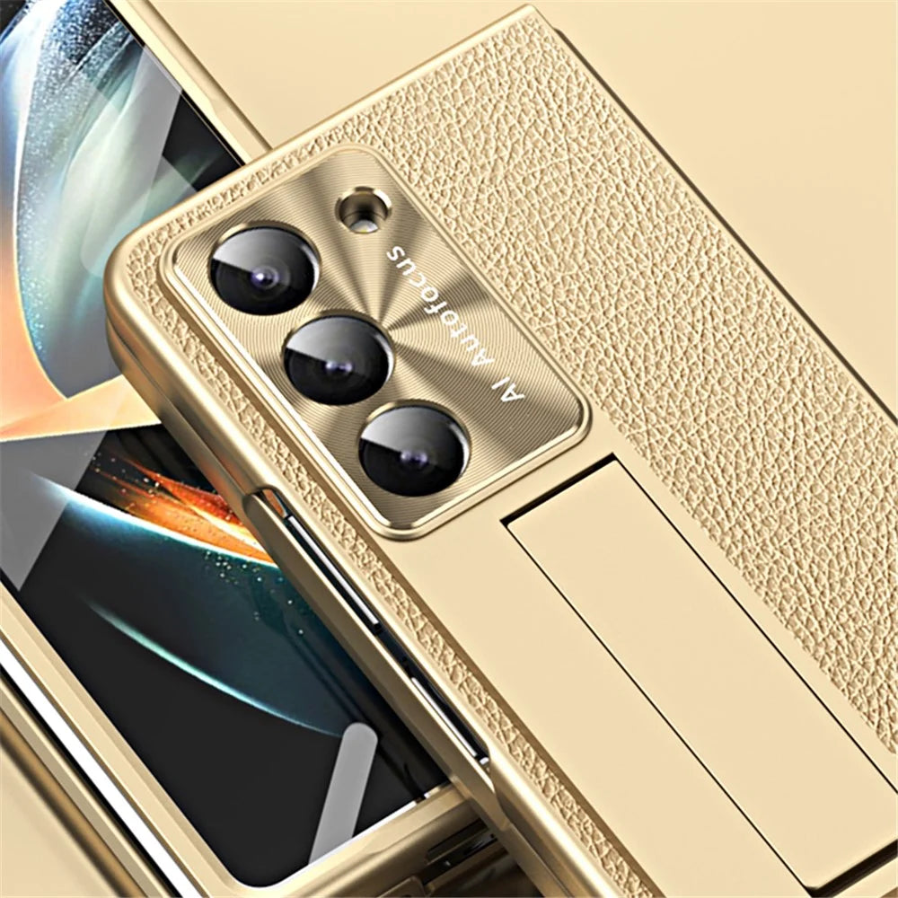For Samsung Galaxy Z Fold6 5G Case Kickstand Leather+PC Hard Phone Cover with Screen Film and Stylus - Champagne Gold - 7