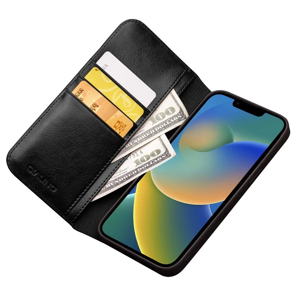 QIALINO For iPhone 14 6.1 inch Anti-fall Full Protection Phone Case Flip Stand Wallet Cover Genuine Leather Phone Shell with Card Holder - Black - 2
