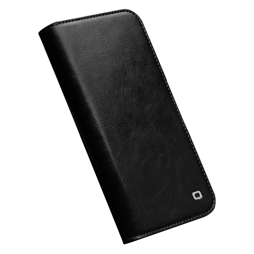 QIALINO For iPhone 14 6.1 inch Anti-fall Full Protection Phone Case Flip Stand Wallet Cover Genuine Leather Phone Shell with Card Holder - Black - 5