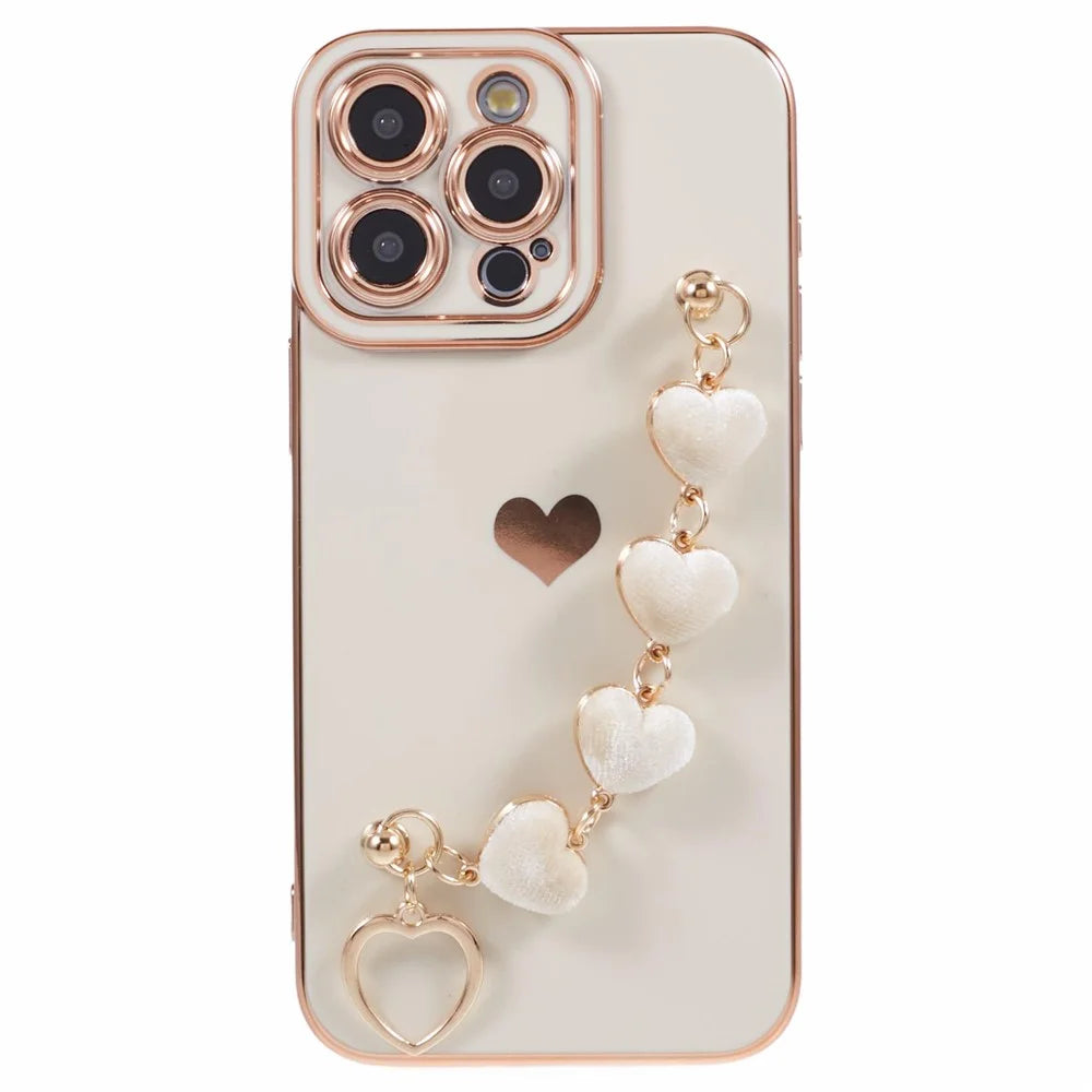 For iPhone 12 Pro TPU Case Electroplating Protective Phone Cover with Heart Chain Strap -  White - 1