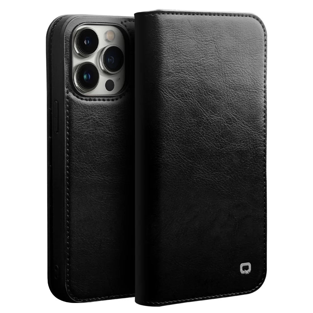 QIALINO For iPhone 14 Pro 6.1 inch Full Protection Phone Case Flip Wallet Cover Stand Shockproof Genuine Leather Phone Shell Card Holder - Black - 1