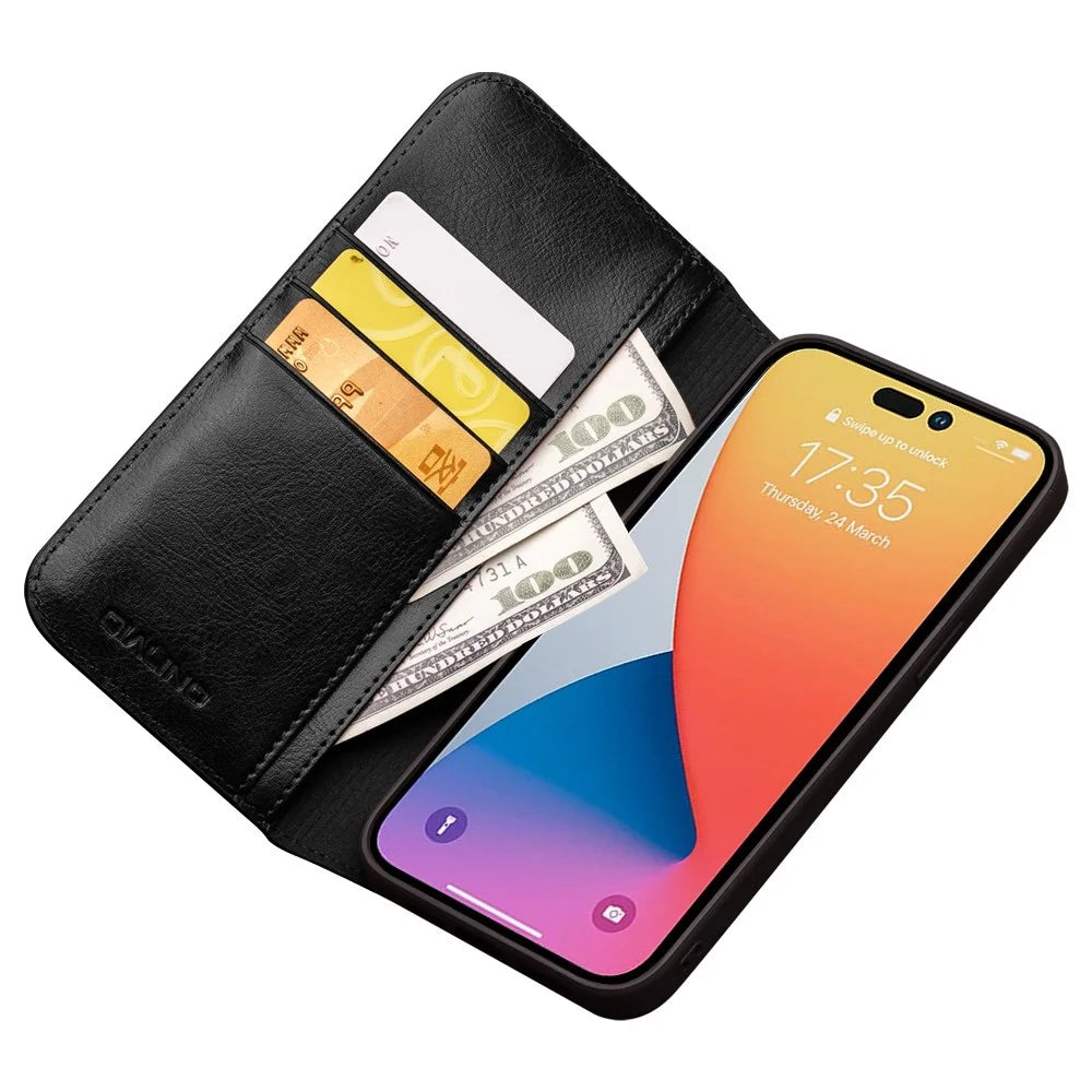 QIALINO For iPhone 14 Pro 6.1 inch Full Protection Phone Case Flip Wallet Cover Stand Shockproof Genuine Leather Phone Shell Card Holder - Black - 2
