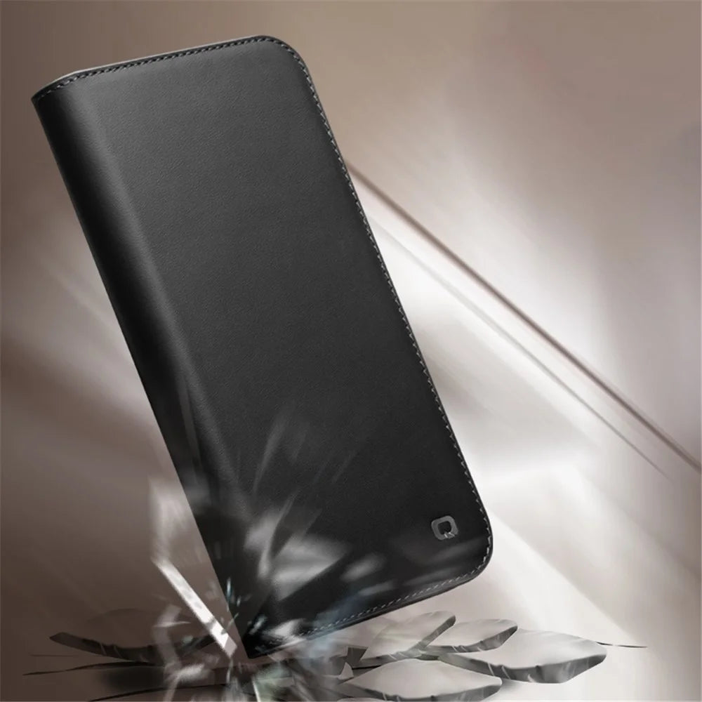 QIALINO For iPhone 14 Pro Max 6.7 inch Wallet Case Stand Genuine Cow Leather Flip Phone Cover - Black - 5