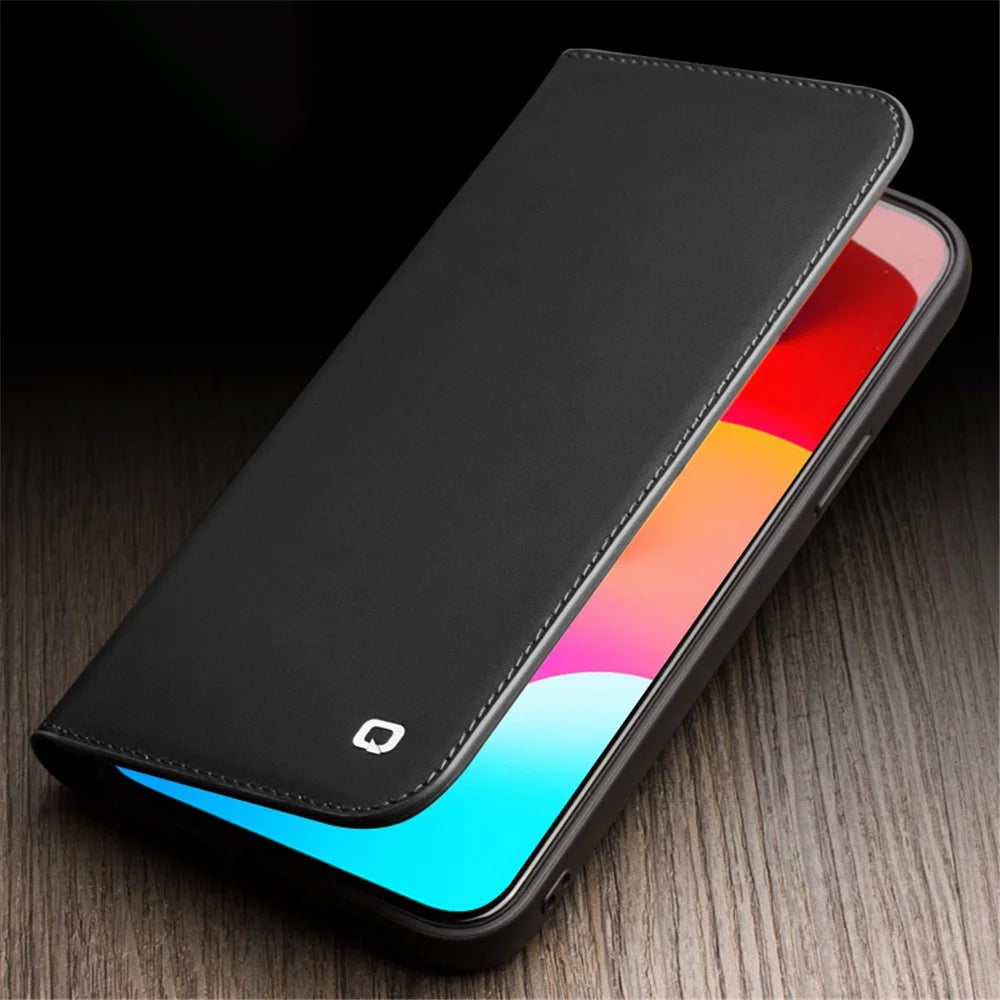QIALINO For iPhone 14 Pro Max 6.7 inch Wallet Case Stand Genuine Cow Leather Flip Phone Cover - Black - 6