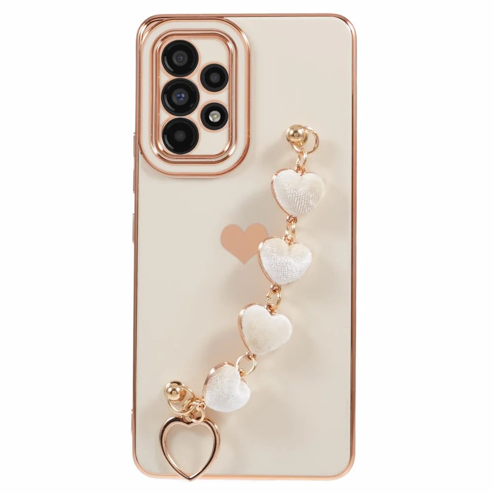 For Samsung Galaxy A13 4G Case Heart Print TPU Electroplating Phone Cover with Hand Strap - White - 1