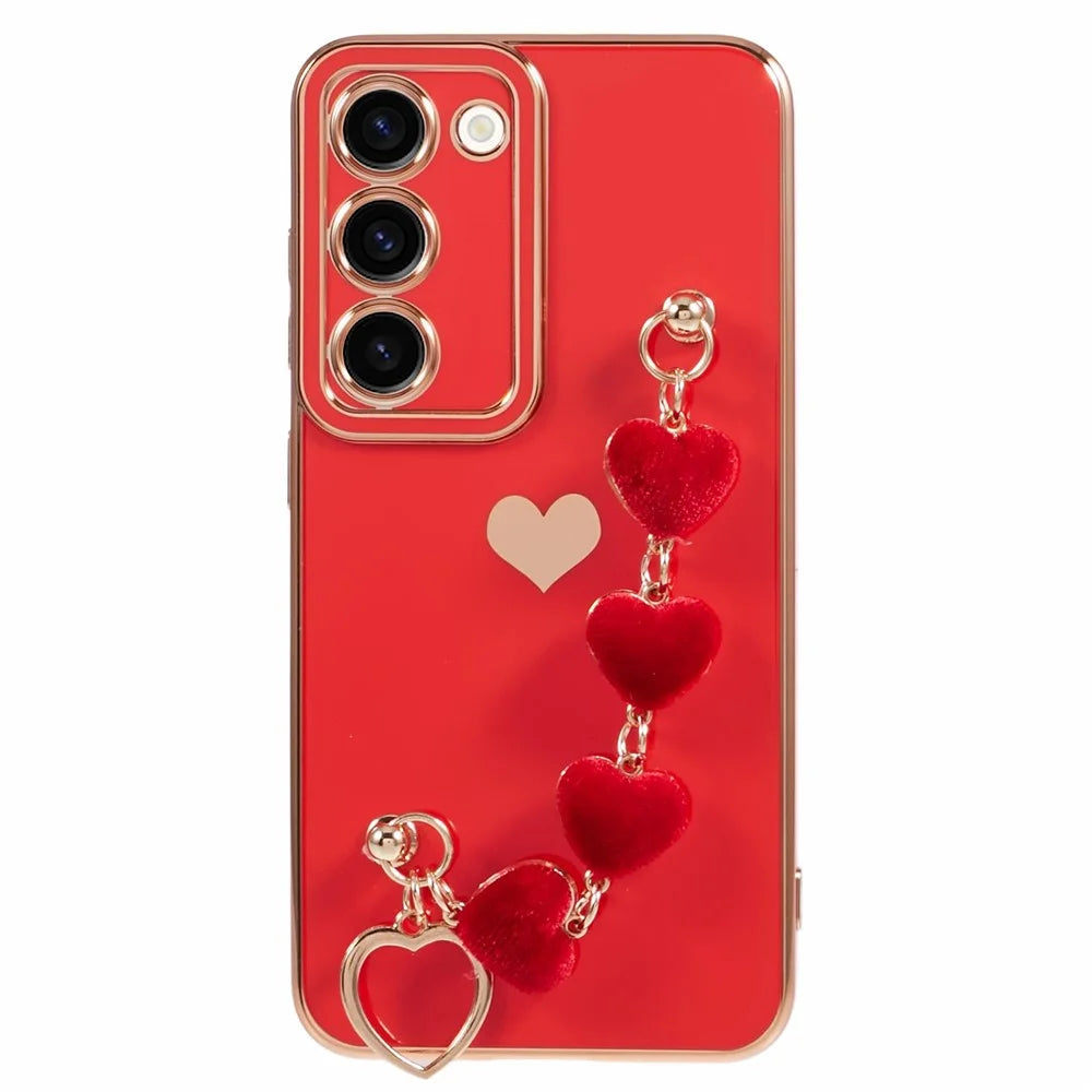 For Samsung Galaxy S23+ Phone Case Protective Soft TPU Cover with Heart Chain Strap - Red - 1