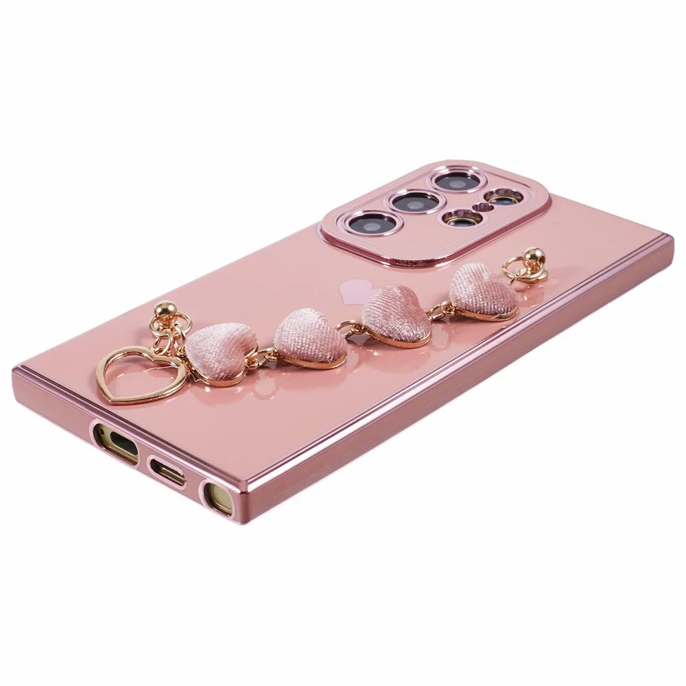 For Samsung Galaxy S22 Ultra 5G Case Heart Pattern Electroplating TPU Cover with Hand Strap - Pink - 4