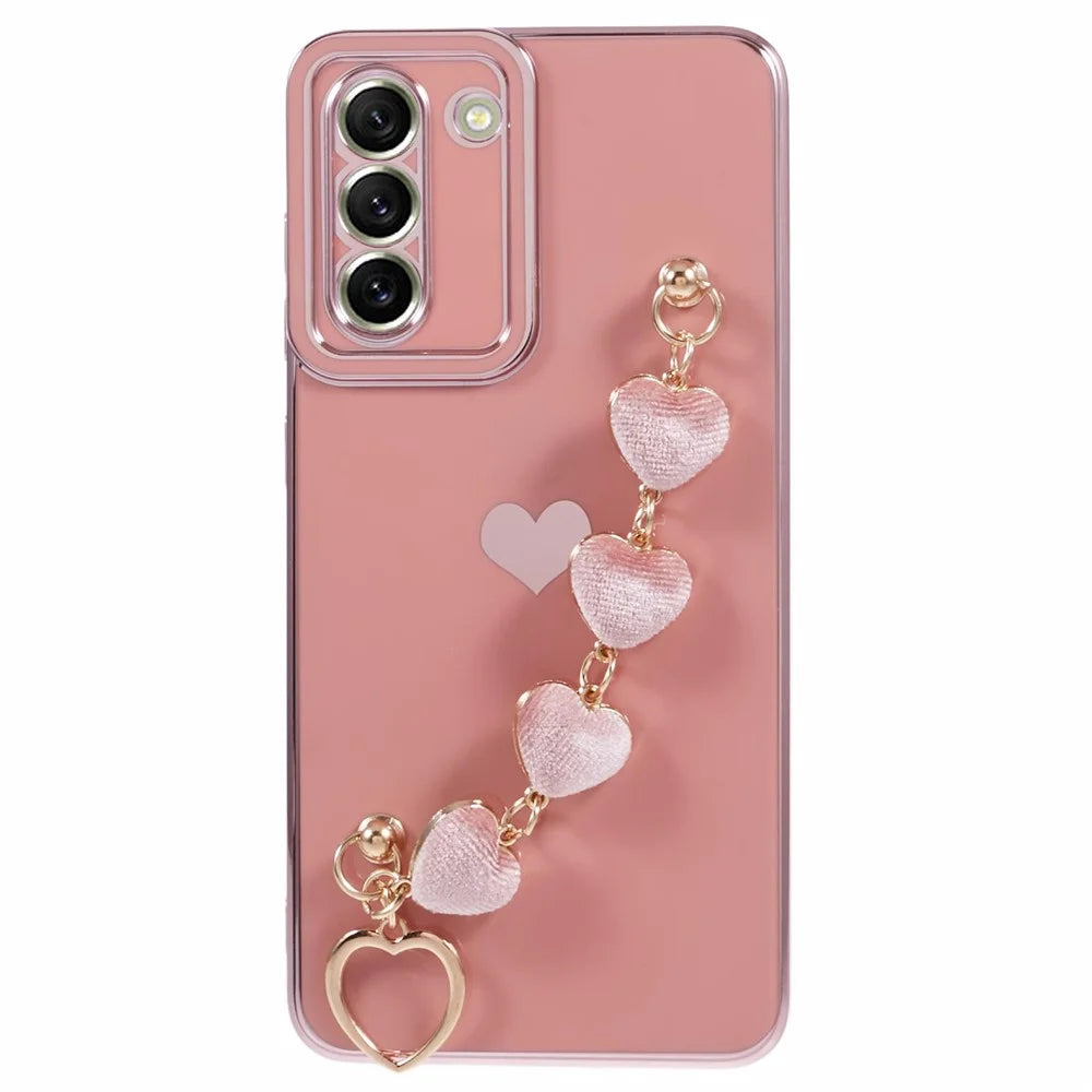 For Samsung Galaxy S21+ 5G Case Anti-Drop Soft TPU Phone Cover with Heart Chain Strap - Pink - 1