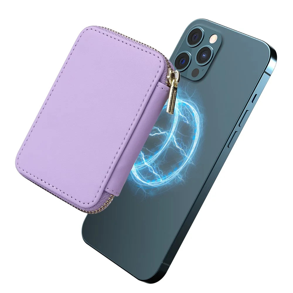 Cell Phone Back Card Bag Kickstand Magnetic Zipper Phone Card Holder - Light Purple - 1