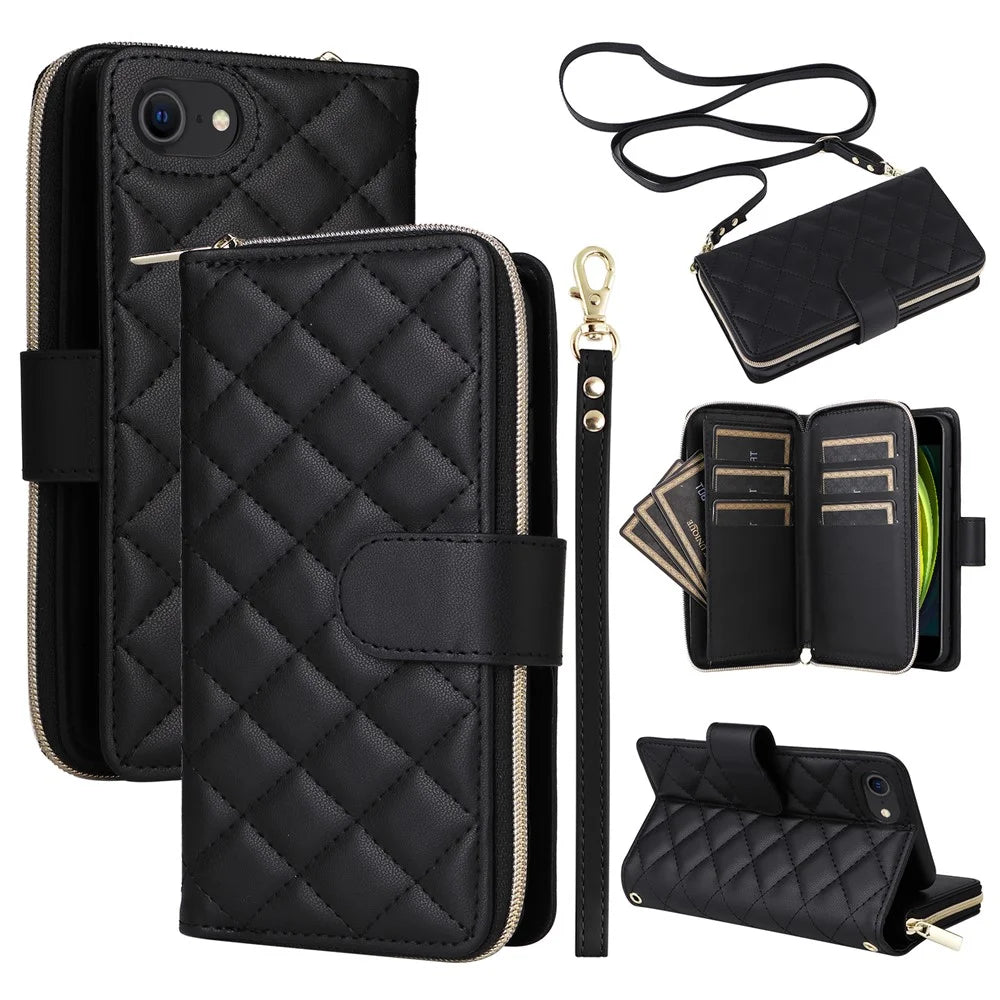 For iPhone 6 / 6s / 7 / 8 / SE (2020) / SE (2022) Case Zipper Wallet PU Leather Phone Cover -  Black - 1