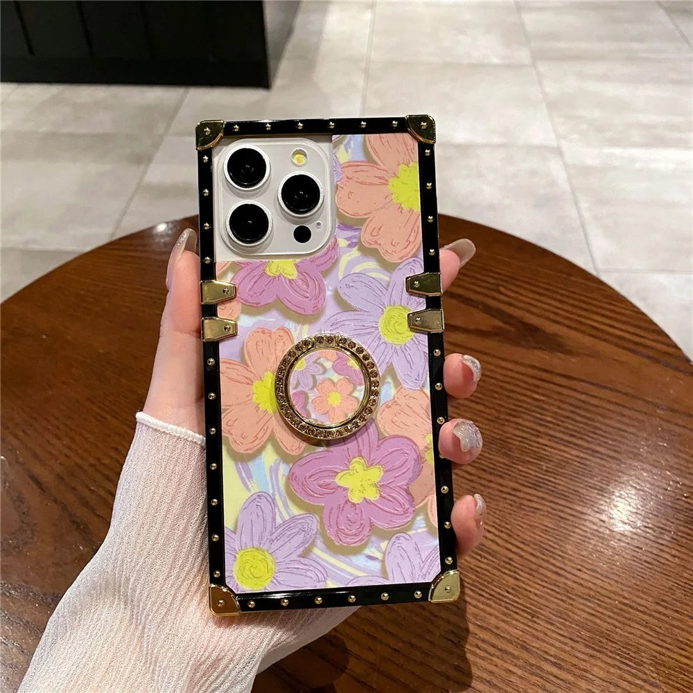 For iPhone 15 Pro Kickstand Case Oil Painting Flower PC+TPU Phone Cover - Orange - 1