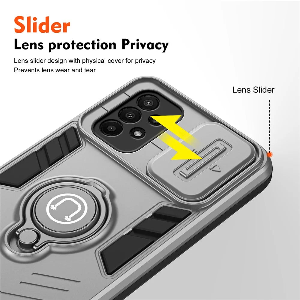 For Samsung Galaxy A23 4G / A23 5G (Global Version) Case PC+TPU Kickstand Lens Lid Phone Cover - Grey - 3