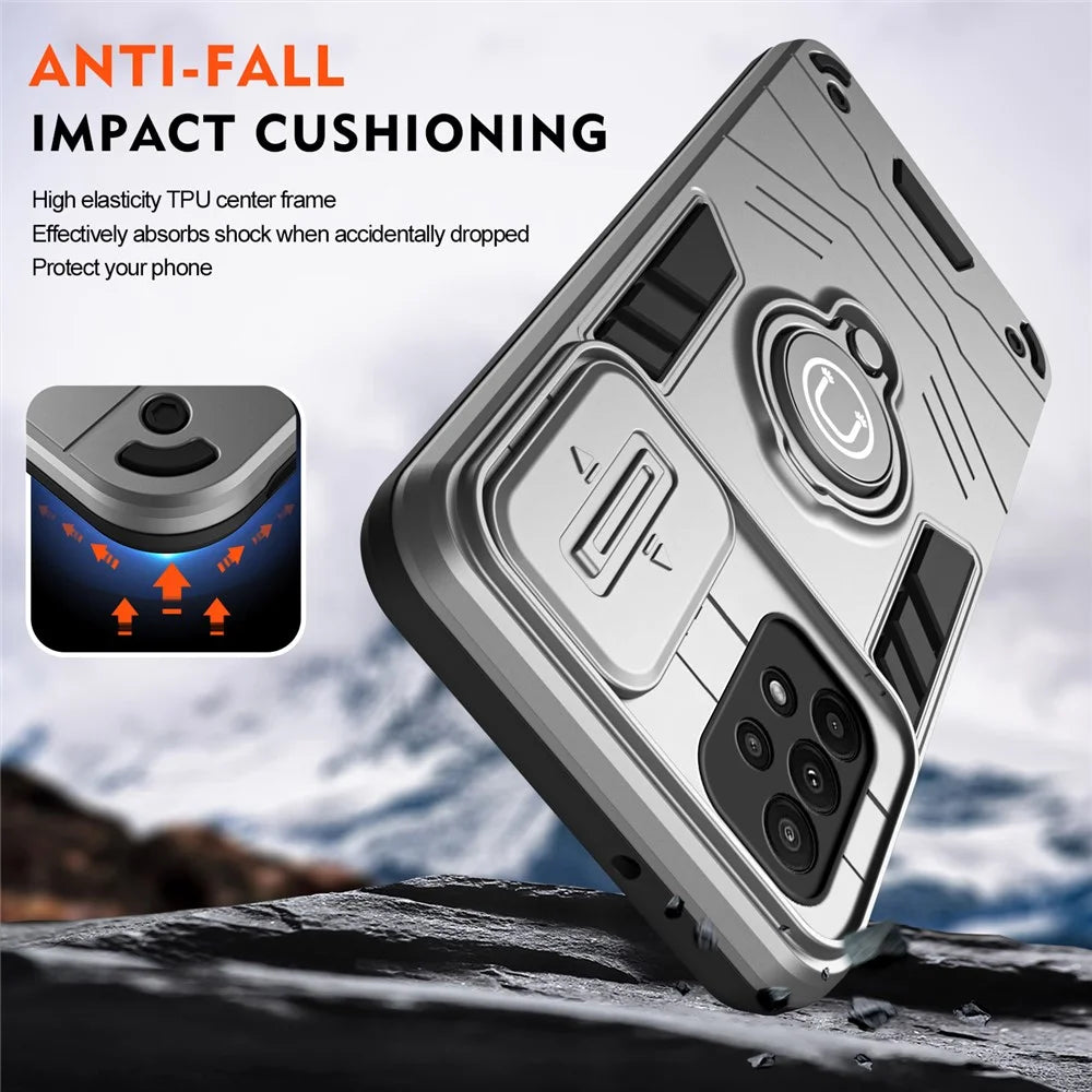 For Samsung Galaxy A23 4G / A23 5G (Global Version) Case PC+TPU Kickstand Lens Lid Phone Cover - Grey - 4