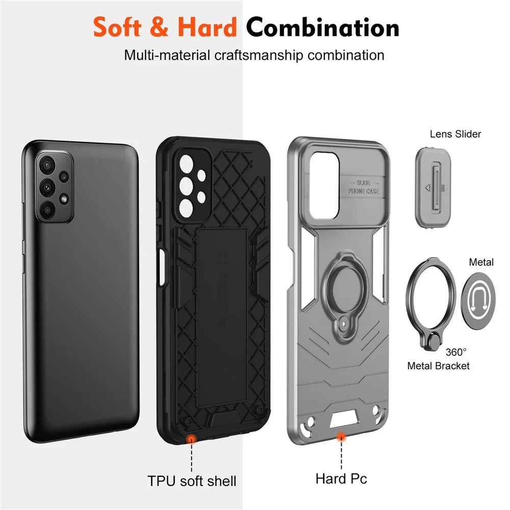 For Samsung Galaxy A23 4G / A23 5G (Global Version) Case PC+TPU Kickstand Lens Lid Phone Cover - Grey - 6