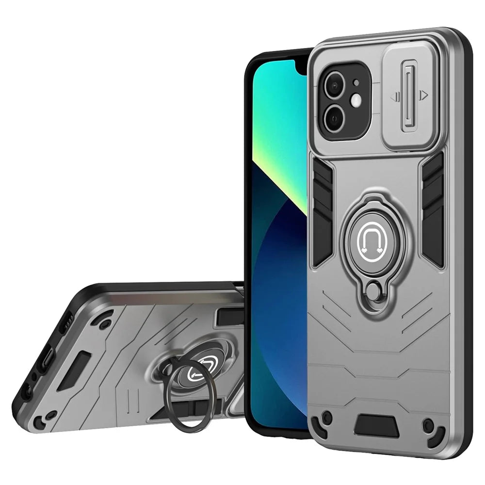 For iPhone 12 Case PC+TPU Phone Protector with Kickstand and Slide Lens Cover -  Grey - 1