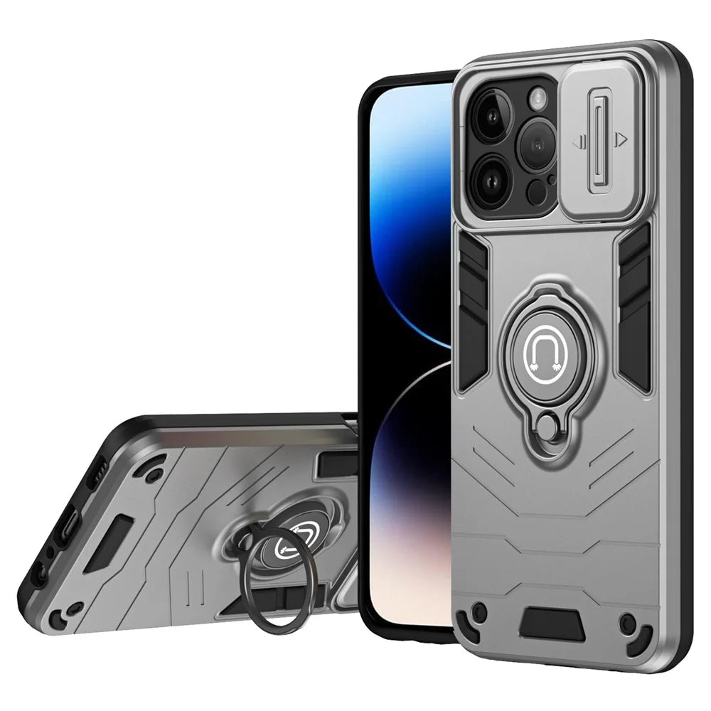 For iPhone 14 Pro Max Case Kickstand PC+TPU Hybrid Phone Cover with Slide Lens Shield -  Grey - 1